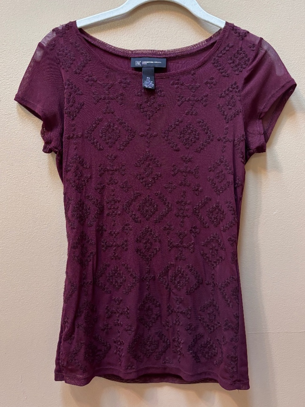 Inc. Embroidered Burgundy Short Sleeve Top Size PS